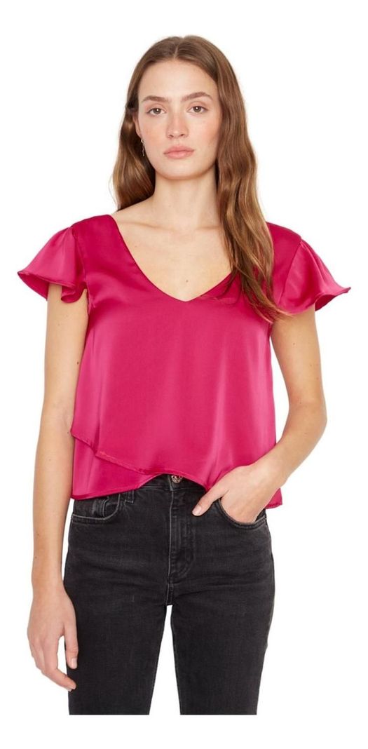Polera Sara Manga Corta Satin Fucsia Jacinta Tienda-1