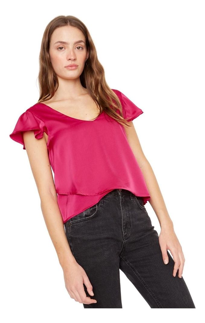 Polera Sara Manga Corta Satin Fucsia Jacinta Tienda-4