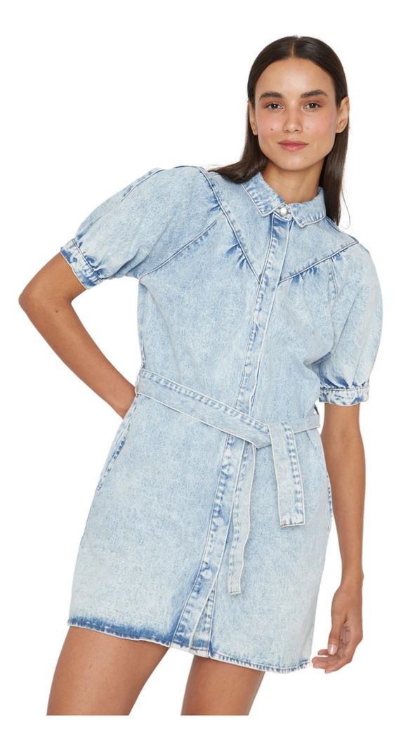 Vestido Denim Manga Corta Azul Jacinta Tienda-3