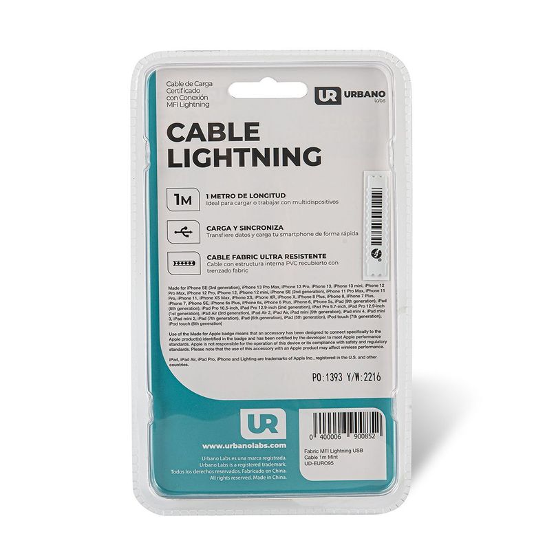 Cable Iphone Lightning Certificado 1 Metro Menta Urbano Labs-6