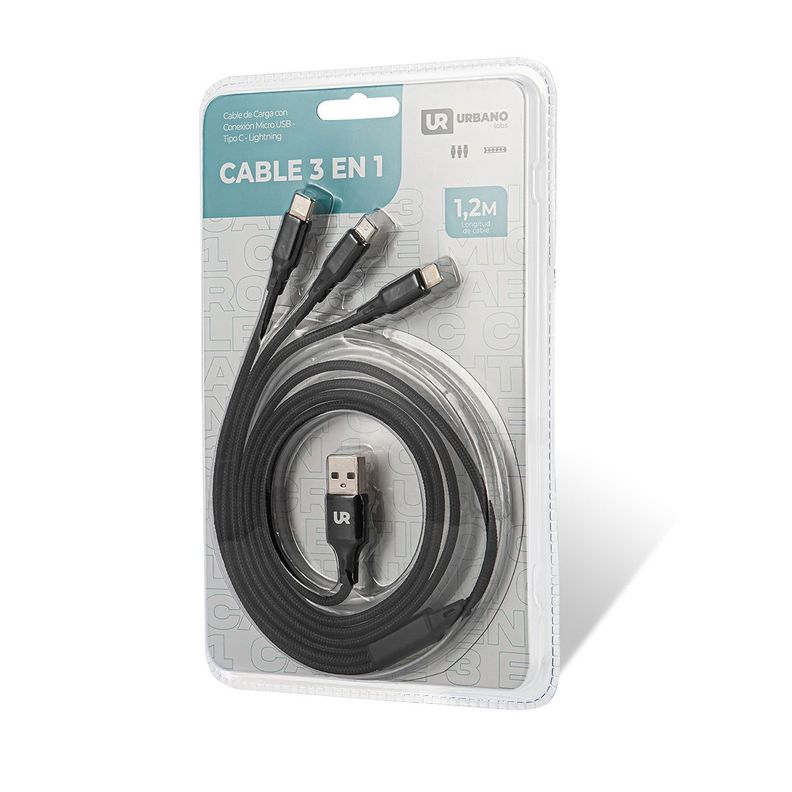 Cable Telefonia Negro 3 en 1 Lightning + Micro USB +  Tipo C 1,2 Metros Urbano Labs-4