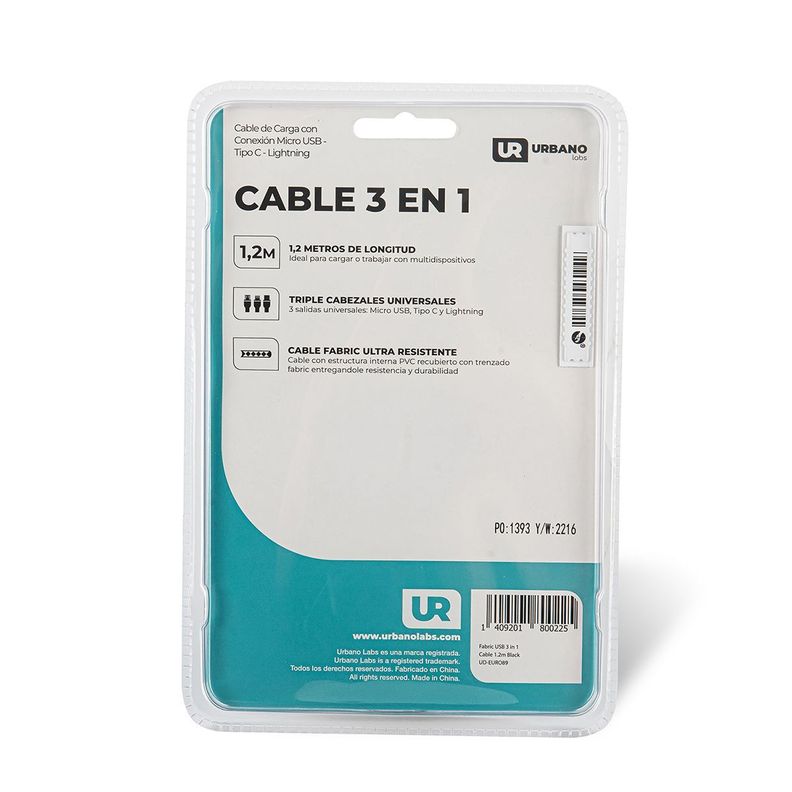 Cable Telefonia Negro 3 en 1 Lightning + Micro USB +  Tipo C 1,2 Metros Urbano Labs-5