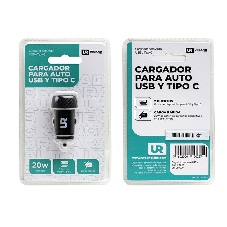 Cargador para auto Doble USB y Tipo C Urbano Labs-2