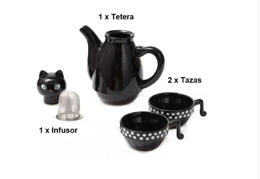 Set Tetera Gato Infusor + 2 Tazas Mug Gatos-0