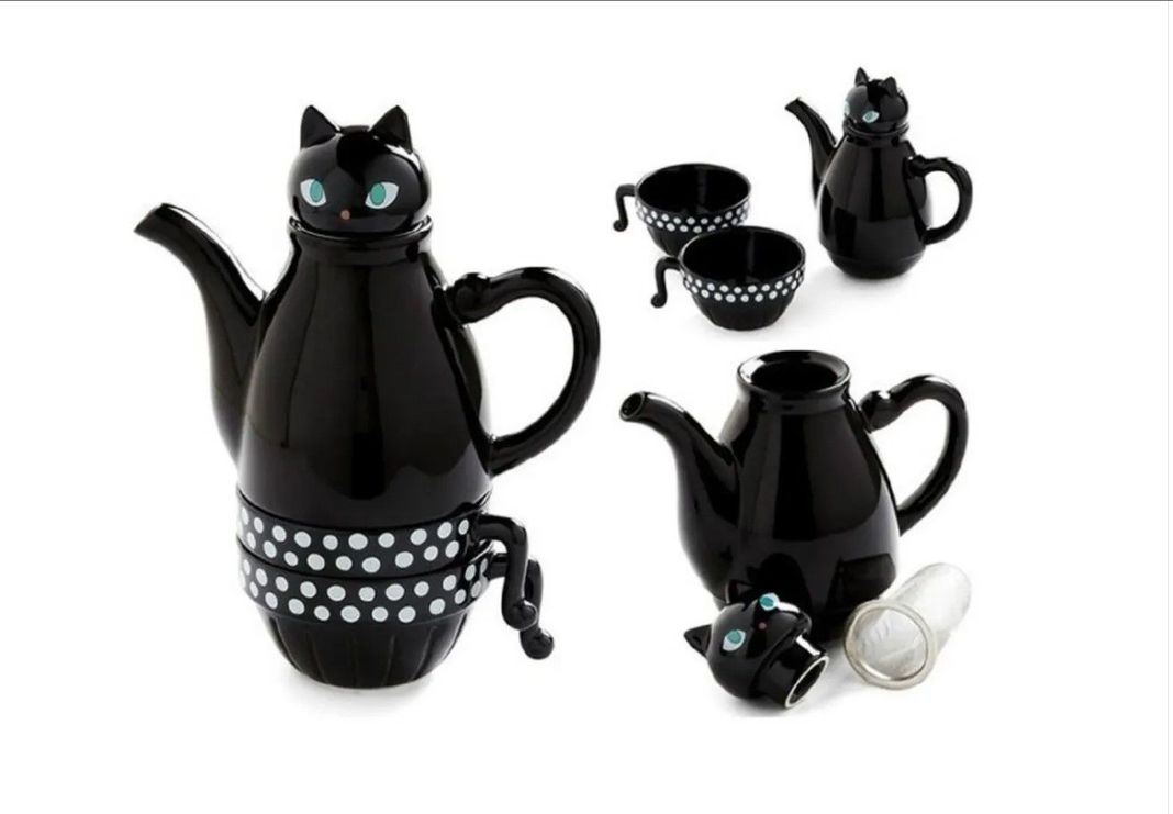 Set Tetera Gato Infusor + 2 Tazas Mug Gatos-1