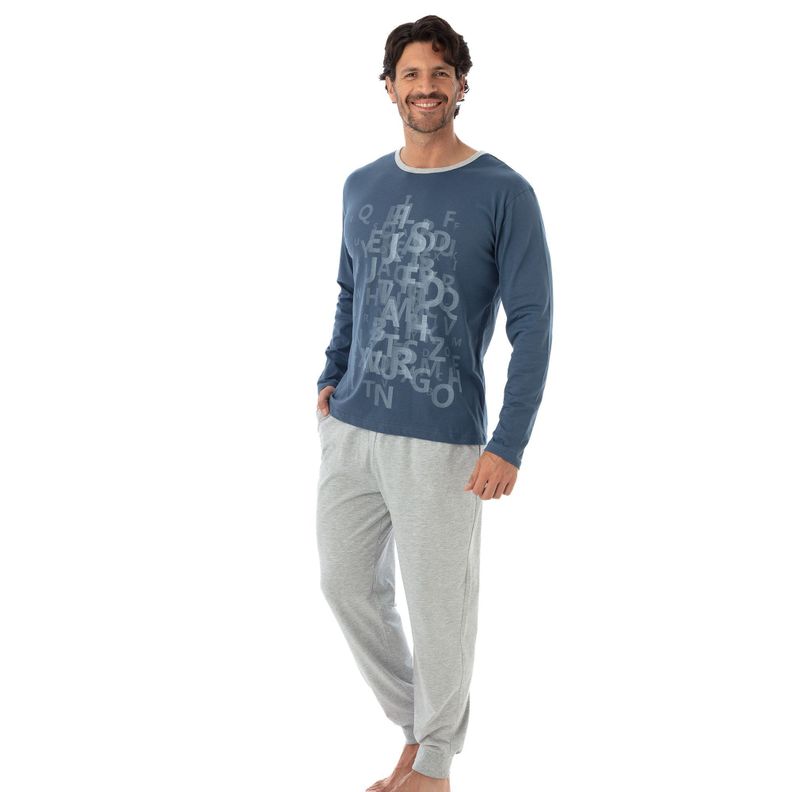 BECKIL COD 3041 PIJAMA ALGODON ESTAMPADO POLERA LETRAS, MANGA LARGA Azul S