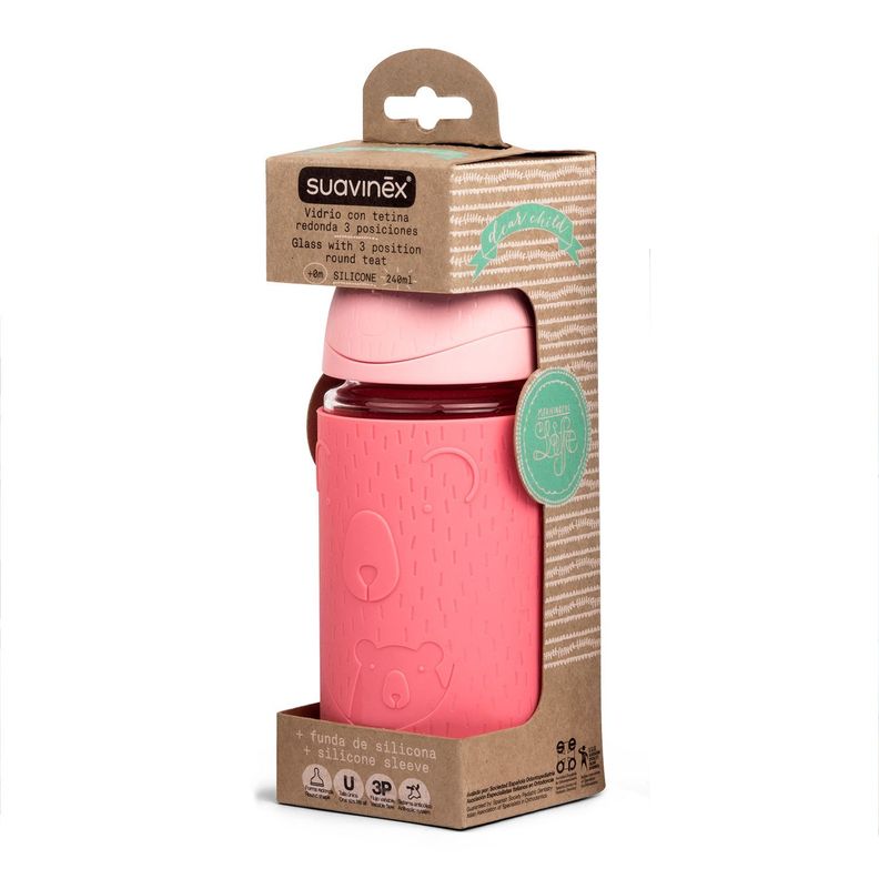 Mamadera de Vidrio + Funda de Silicona Meaningful Rosa de 240ml Tetina Redonda de Silicona Flujo 3P-1