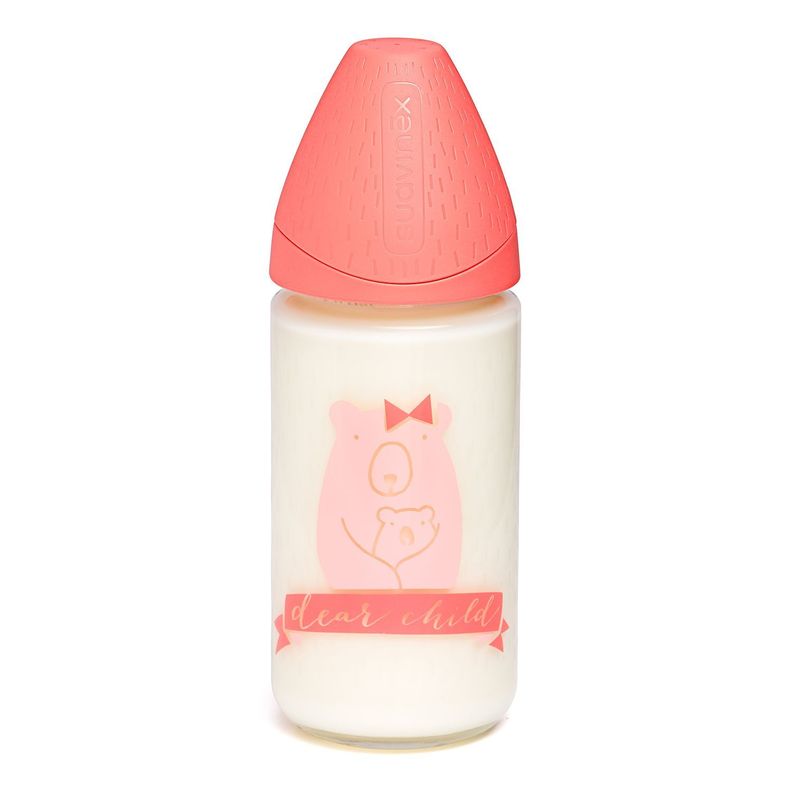 Mamadera de Vidrio + Funda de Silicona Meaningful Rosa de 240ml Tetina Redonda de Silicona Flujo 3P-2