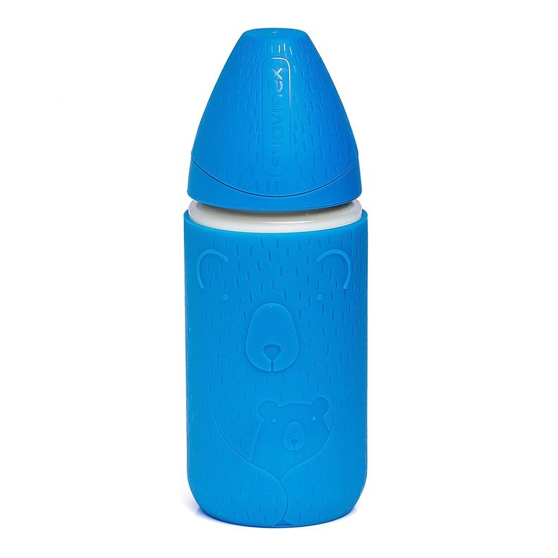 Mamadera de Vidrio + Funda de Silicona Meaningful Azul de 240ml Tetina Redonda de Silicona Flujo 3P-0