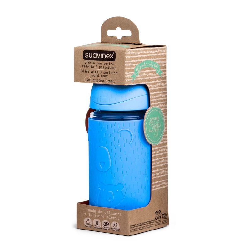 Mamadera de Vidrio + Funda de Silicona Meaningful Azul de 240ml Tetina Redonda de Silicona Flujo 3P-1