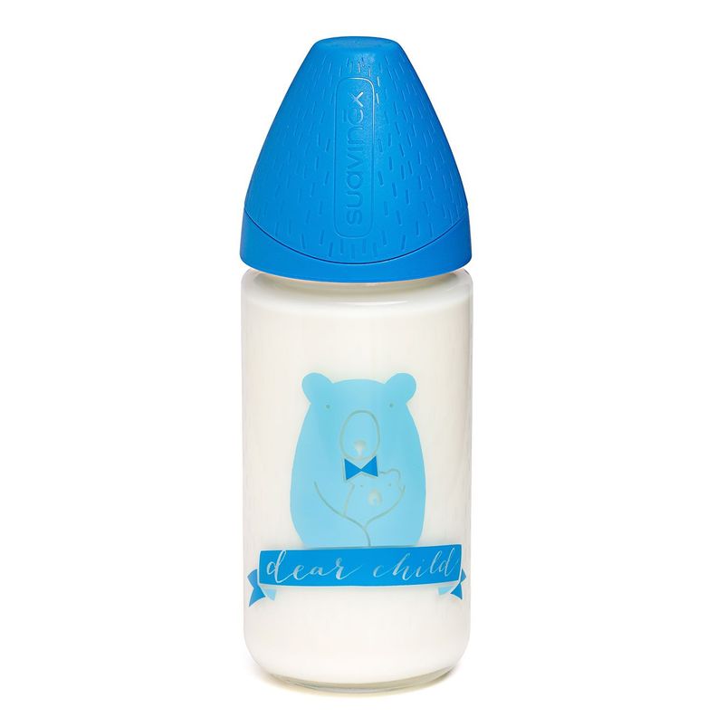 Mamadera de Vidrio + Funda de Silicona Meaningful Azul de 240ml Tetina Redonda de Silicona Flujo 3P-3