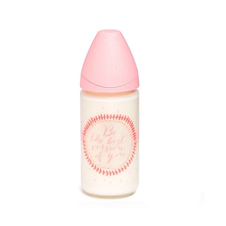 Mamadera de Vidrio Meaningful Rosa de 240ml con Tetina Redonda de Silicona Flujo Variable +0 meses-0