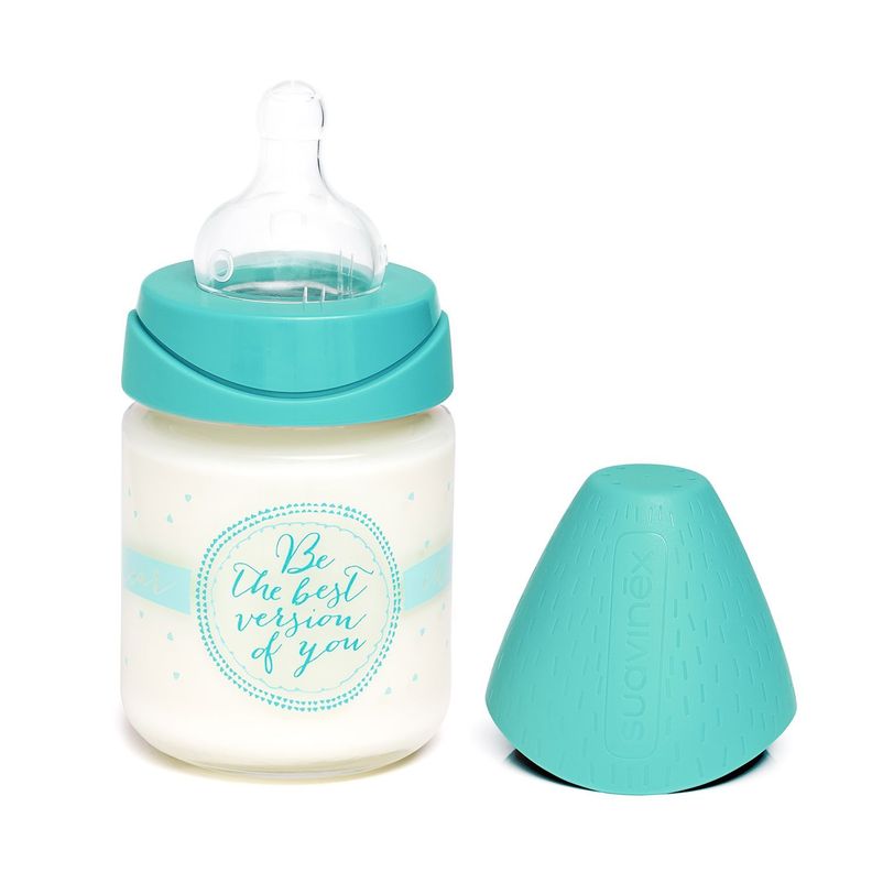 Mamadera de Vidrio Meaningful Celeste de 120ml con Tetina Redonda de Silicona Flujo Variable +0 mese-1
