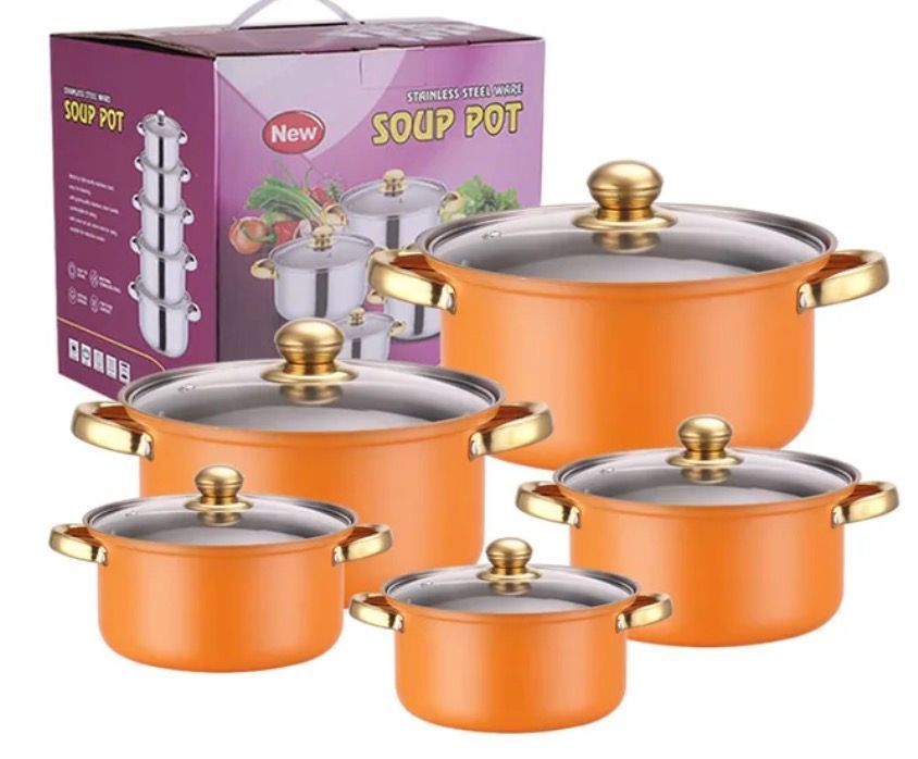 Juego De Ollas y Utensilios de Cocina 16-18-20-22-24cm 10P NARANJA-0