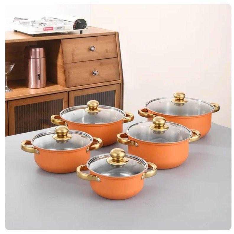 Juego De Ollas y Utensilios de Cocina 16-18-20-22-24cm 10P NARANJA-2