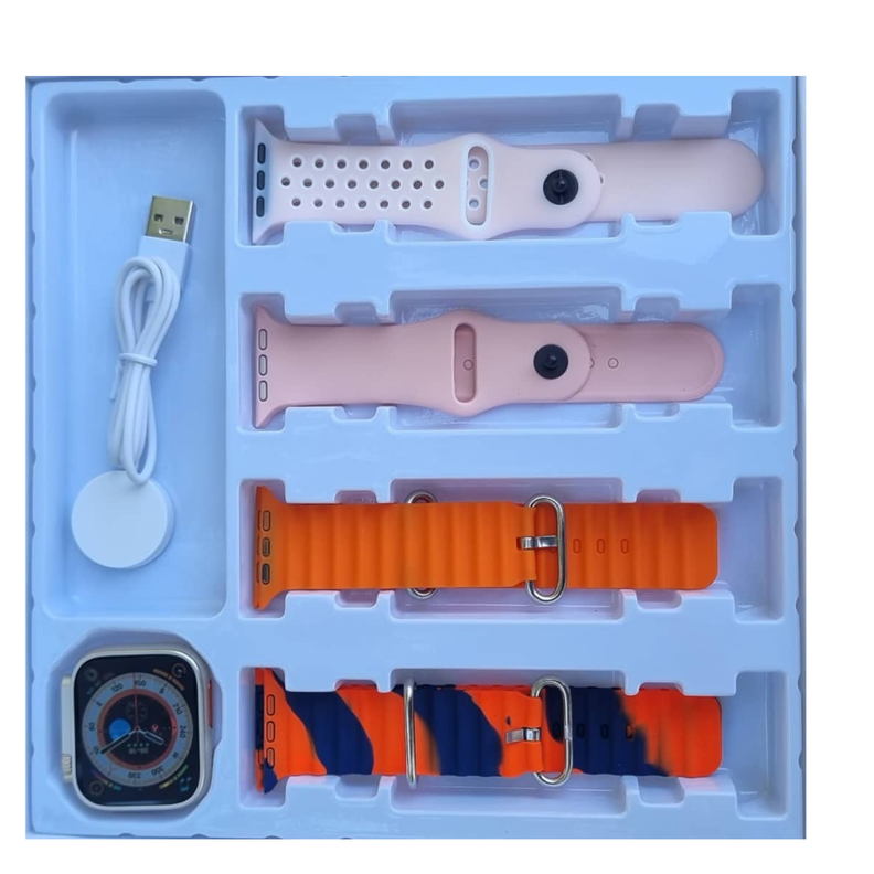 RELOJ INTELIGENTE SMARTWATCH ULTRA 9 CON 4 CORREAS 4 EN 1 NARANJO-2