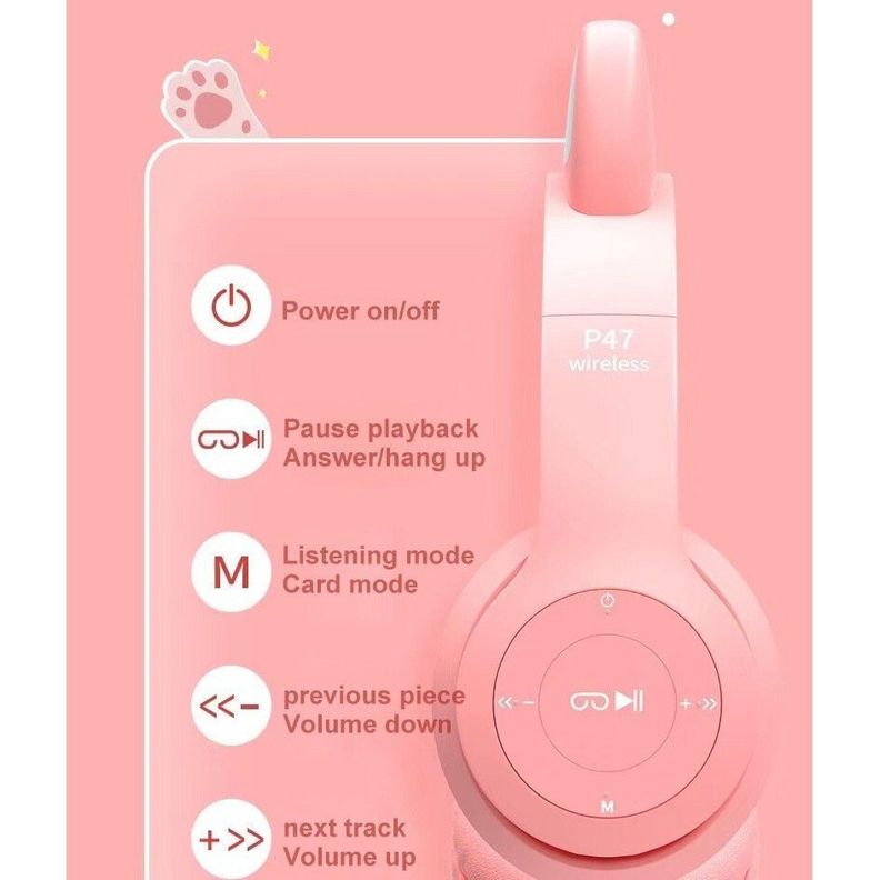Audífonos Inalámbricos Bluetooth Oreja De Gato P47 Luz Rgb-2