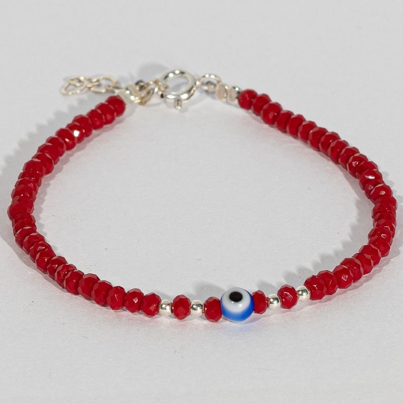 Pulsera  cristal rojos intercalada con bolitas de plata y ojo turco-0