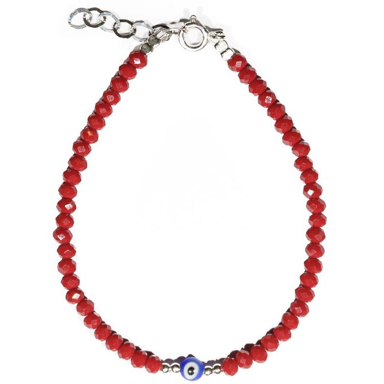 Pulsera cristales rojos con ojo turco  y bolitas de plata-0