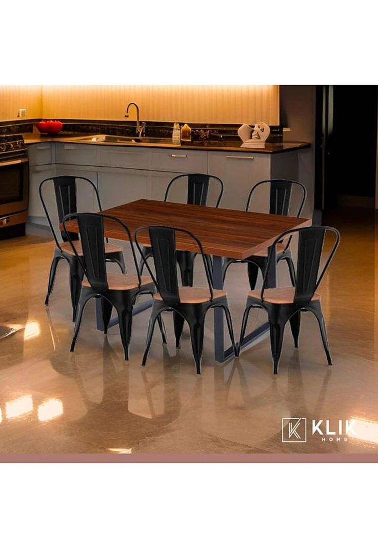 Comedor Industrial 140x90 Oscura + 6 Sillas Tolix Negras con Asiento de Madera Oscura Walnut-1