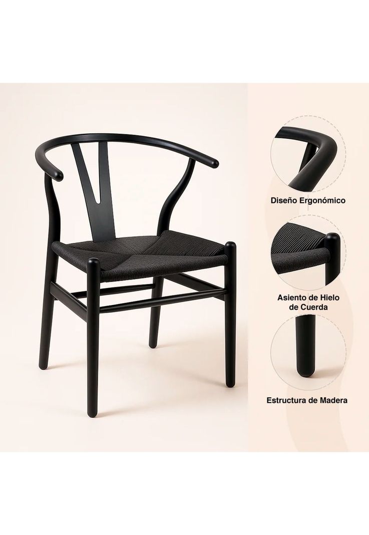Silla Wishbone Madera Negra y Asiento Negro-4