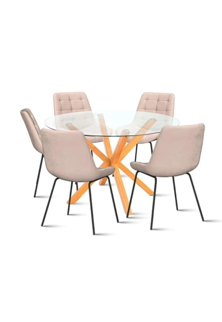 Mesa de comedor redonda de vidrio Cross 120cm + 5 Silla Macron Terciopelo - Beige-0