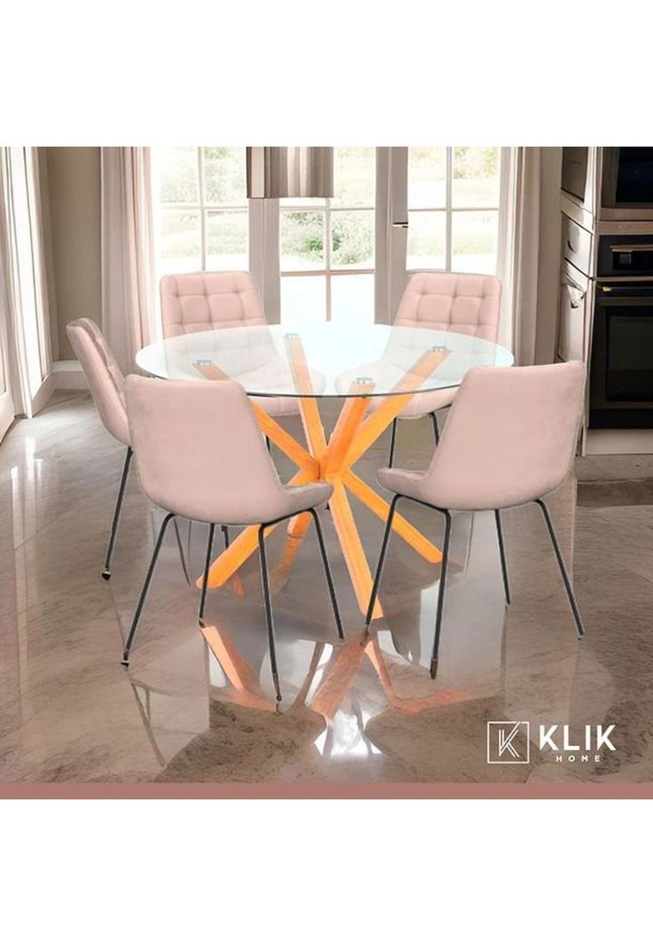 Mesa de comedor redonda de vidrio Cross 120cm + 5 Silla Macron Terciopelo - Beige-1