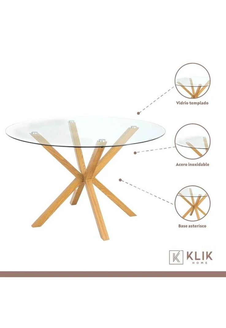 Mesa de comedor redonda de vidrio Cross 120cm + 5 Silla Macron Terciopelo - Beige-3