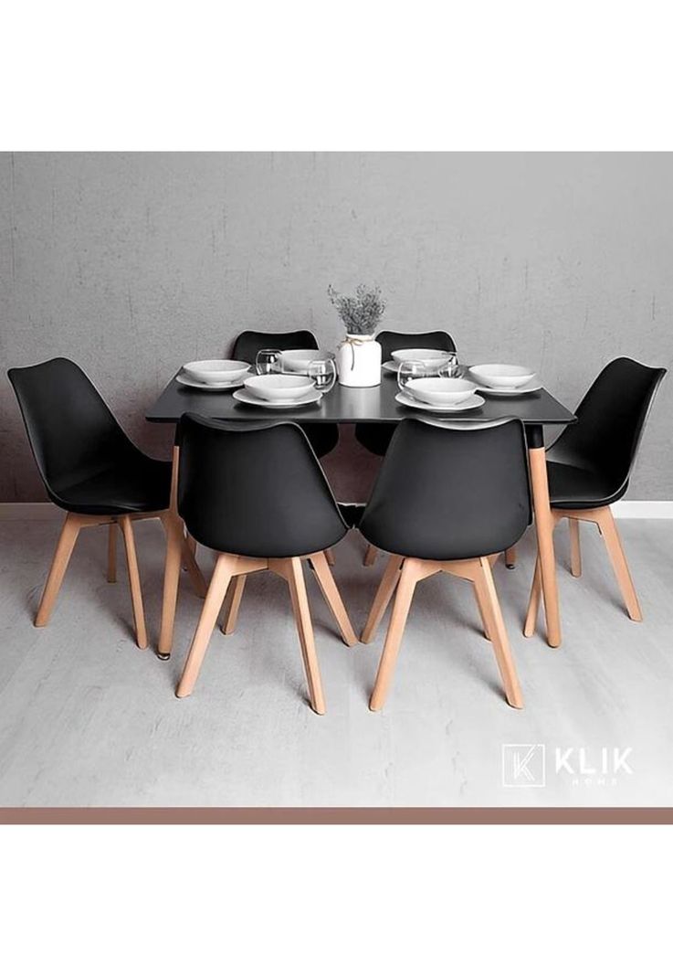 Comedor Mesa Rectangular Negra + 6 Sillas Tulip Negras-1