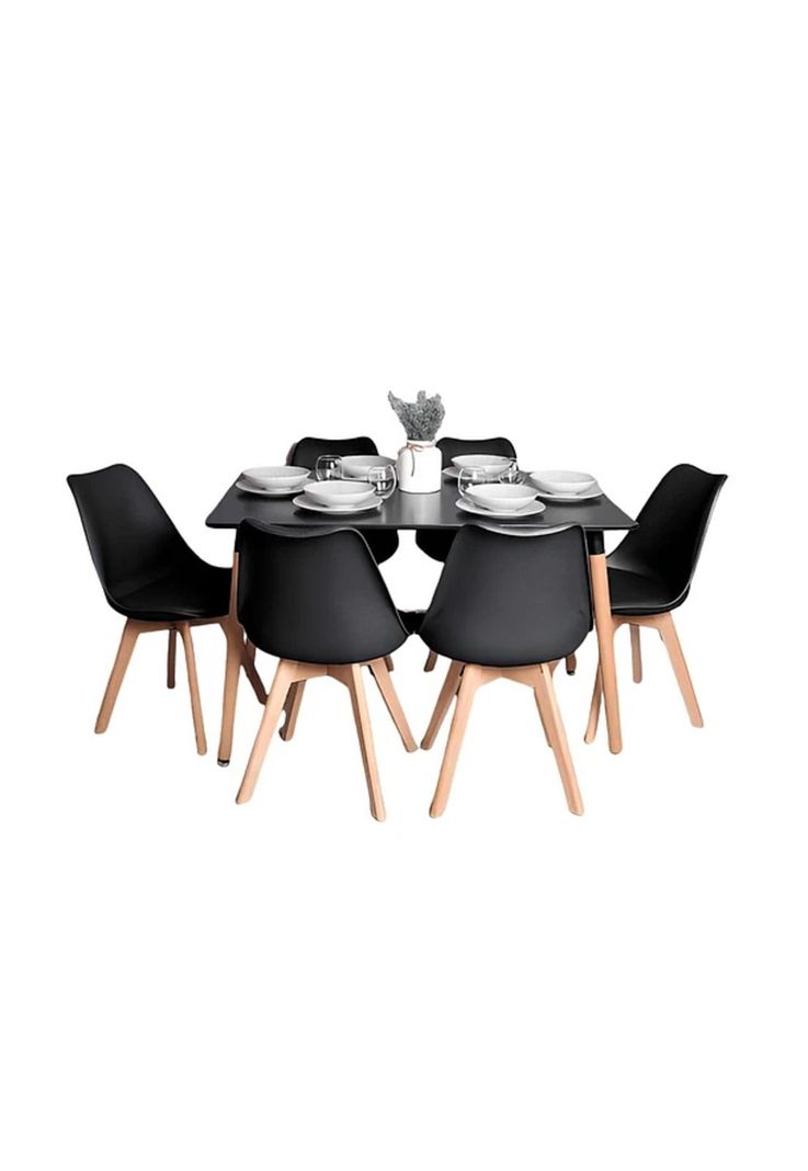 Comedor Mesa Rectangular Negra + 6 Sillas Tulip Negras Negro