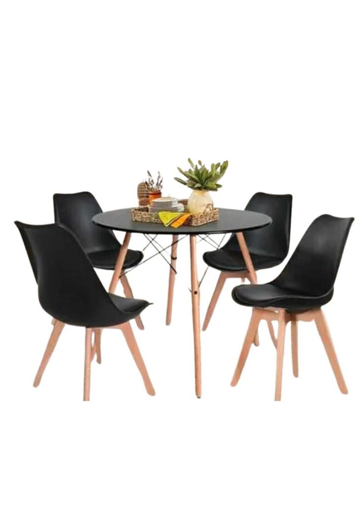 Comedor Eames negro redondo 80cm - 4 Sillas tulip negras-0