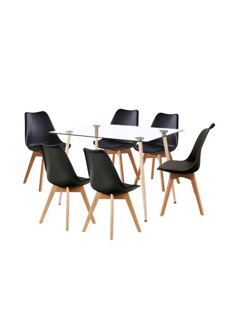 Comedor Mesa de Vidrio Rectangular 120x80 + 6 Sillas Tulip Negras-0