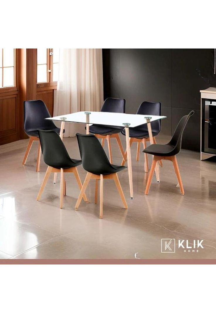 Comedor Mesa de Vidrio Rectangular 120x80 + 6 Sillas Tulip Negras-1