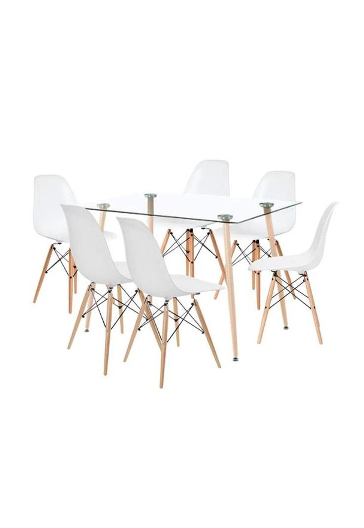 Comedor Mesa de Vidrio Rectangular 120x80 + 6 Sillas Eames Blancas-0