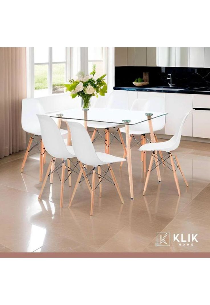 Comedor Mesa de Vidrio Rectangular 120x80 + 6 Sillas Eames Blancas-1