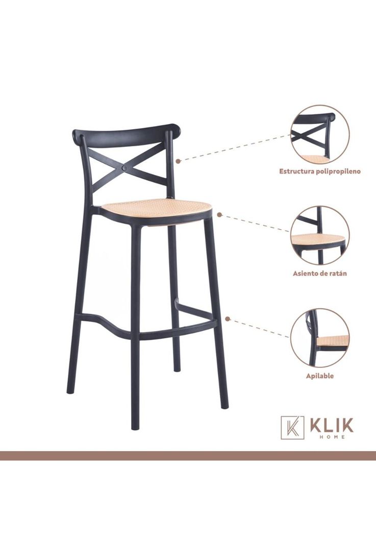 Taburete Crossback Danubio Piso de Bar o Terraza Exterior - Negro-3