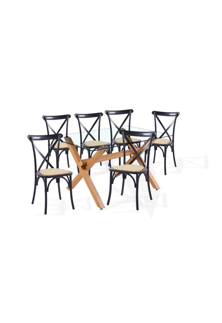 Comedor mesa de vidrio cross 140x90 + 6 sillas Crossback Madera Negras-0
