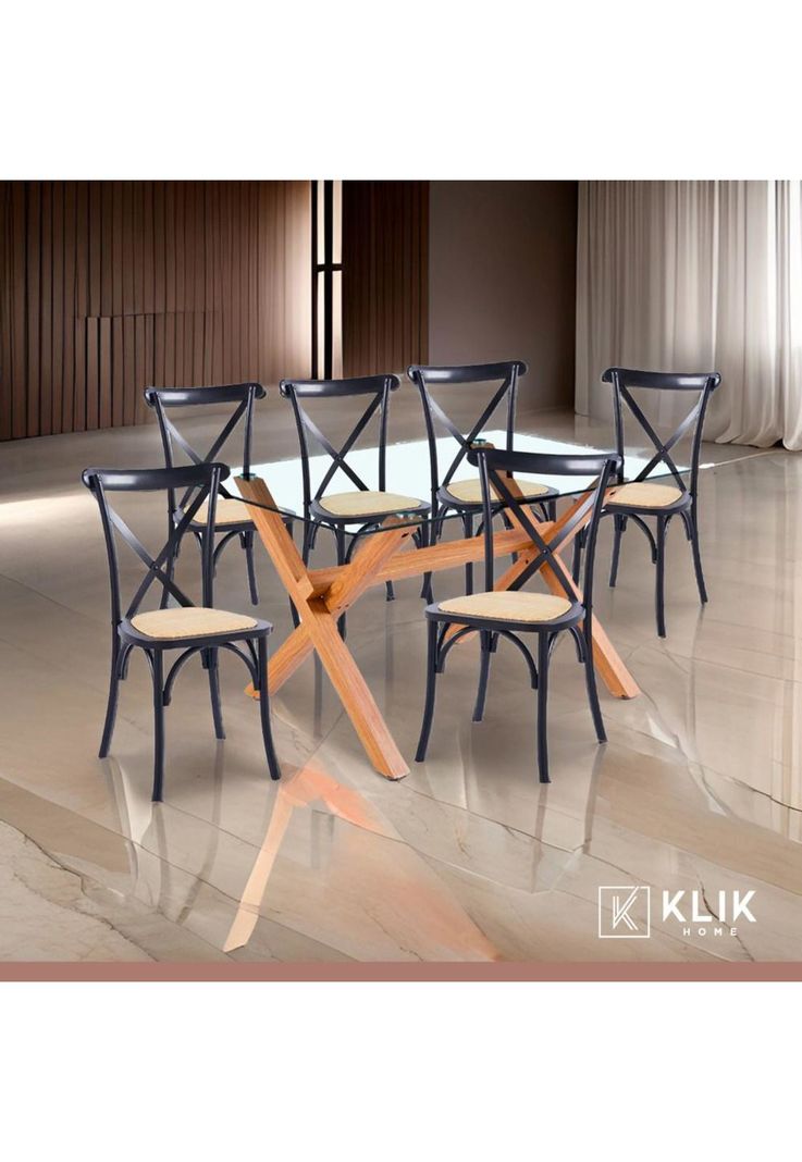 Comedor mesa de vidrio cross 140x90 + 6 sillas Crossback Madera Negras-1