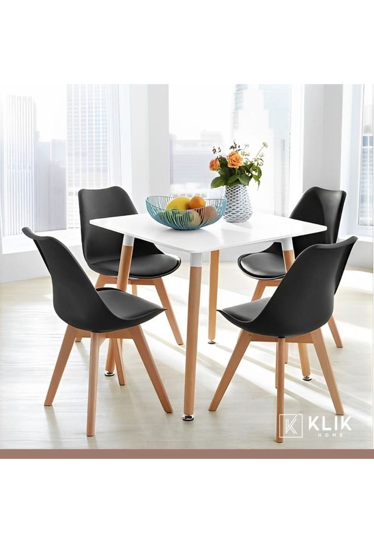 Comedor Mesa Eames Cuadrada Blanca + 4 Sillas Tulip Negras-1