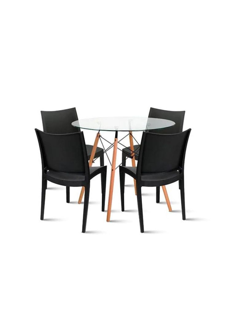Comedor Mesa Eames de vidrio 100cm + 4 Sillas de terraza exterior - Negras-0