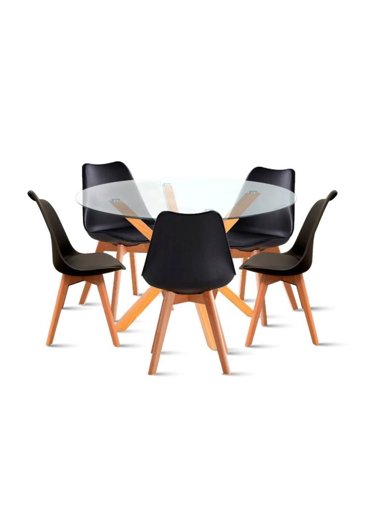 Comedor redondo de vidrio Cross 120cm + 5 Silla Tulip Acolchada - Negra-0