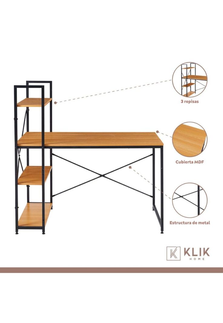 Escritorio Industrial Home Office con Repisas Oslo - Madera Clara-2