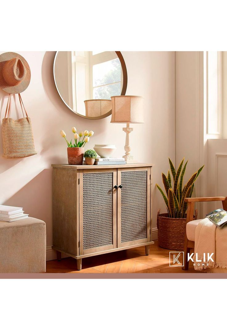 Cómoda 2 Puertas con Rattan MDF - Madera Clara-1