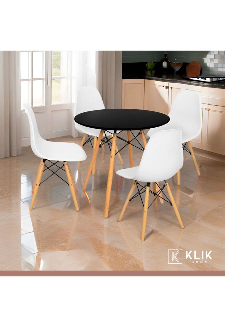 Comedor Mesa Eames Negra Redonda 80cm + 4 Sillas Eames Blancas-1