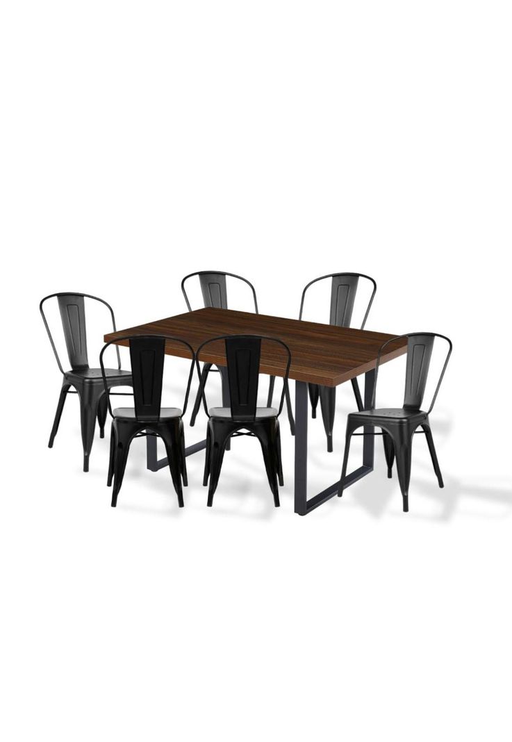 Comedor Industrial 140x90 Madera Oscura Walnut + 6 Sillas Tolix Negras-0