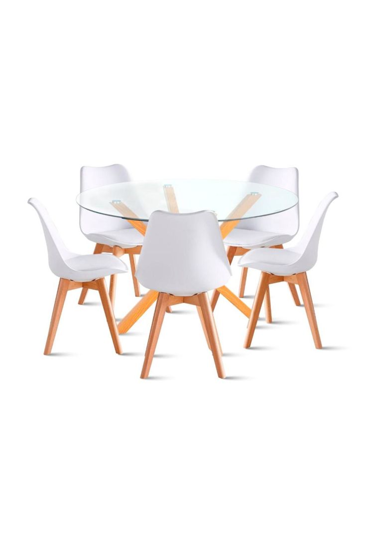 Comedor redondo de vidrio Cross 120cm + 5 Silla Tulip Acolchada - Blanca-0