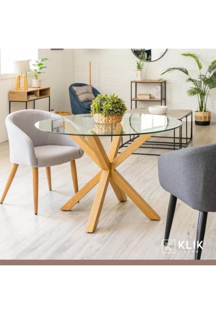 Comedor redondo de vidrio Cross 120cm + 5 Silla Tulip Acolchada - Blanca-7