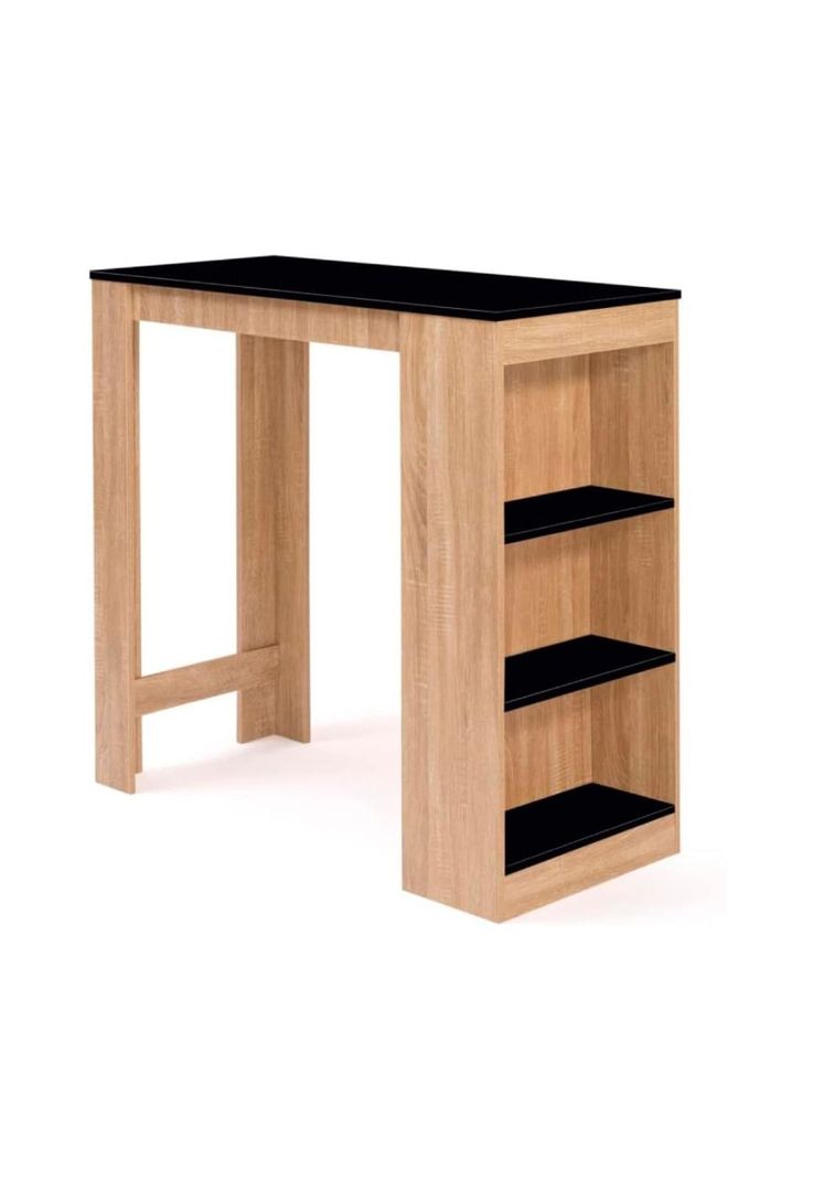 Mesa de cocina organizadora alta color madera con cubierta negra-0