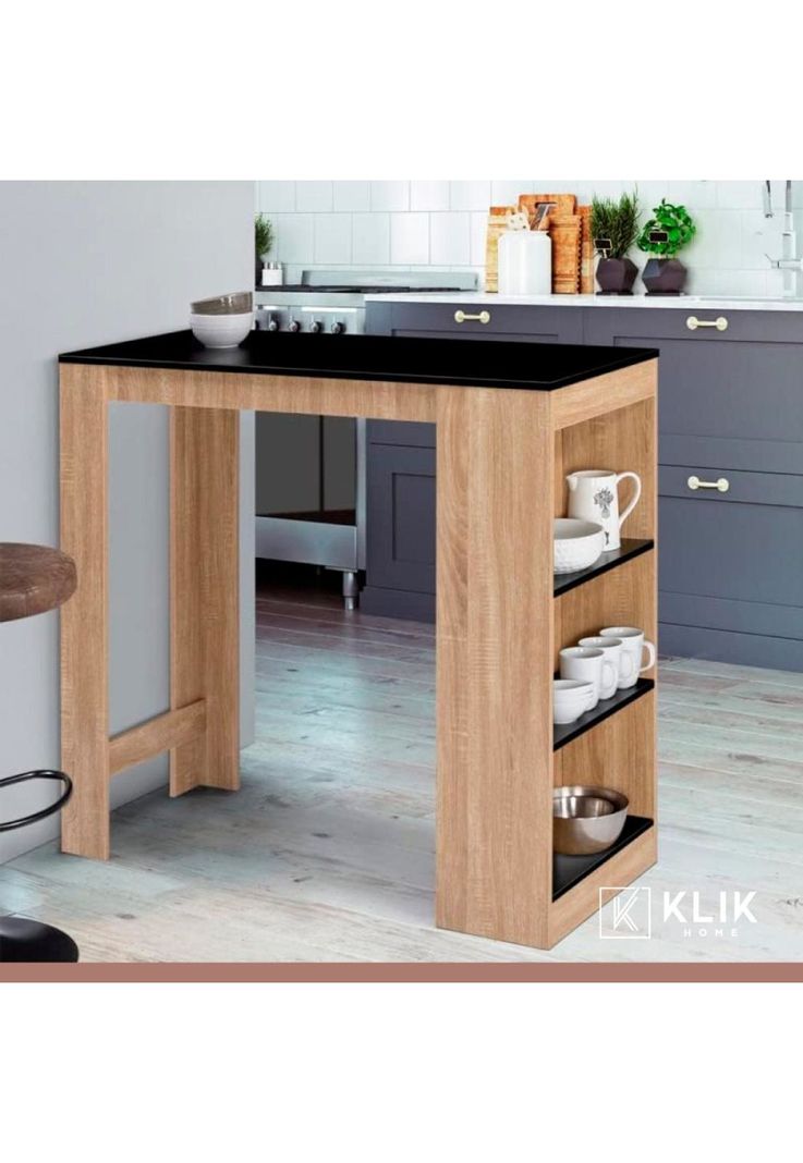 Mesa de cocina organizadora alta color madera con cubierta negra-1