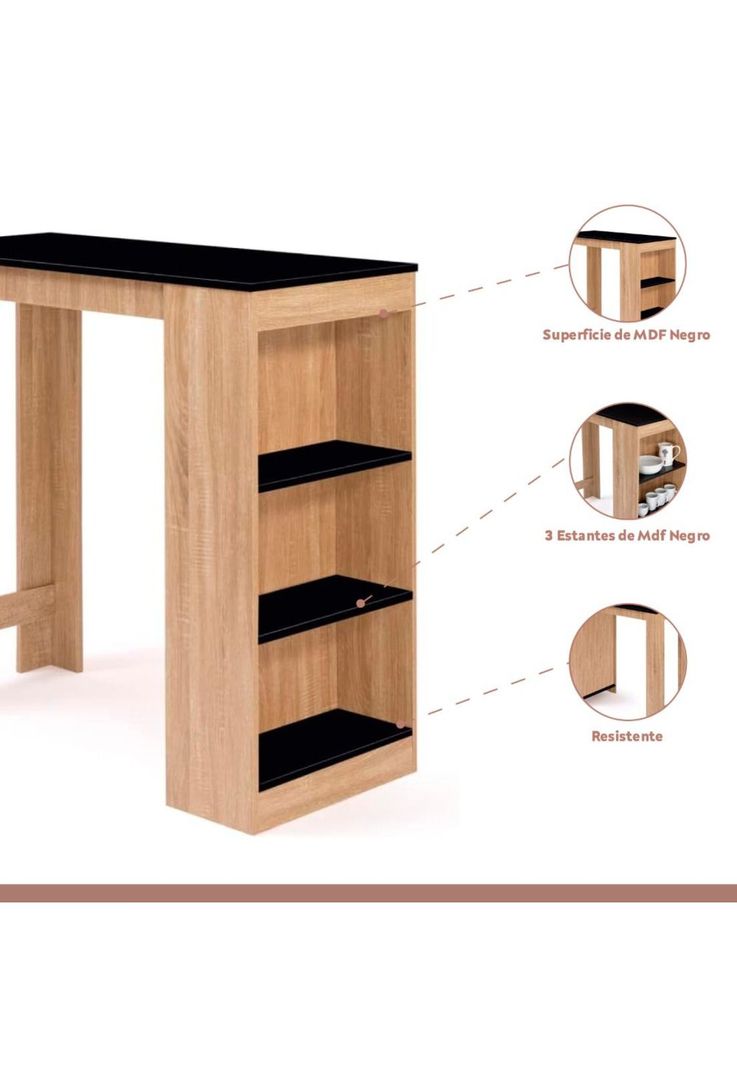 Mesa de cocina organizadora alta color madera con cubierta negra-2